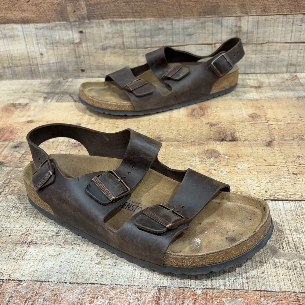 Birkenstock Milano Soft Footbed Sandals Mens Size 10 N43 Brown Leather Backstrap